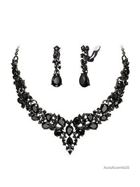 Austrian Crystal Statement Necklace Clip-On Earrings Jewelry Set Bridal